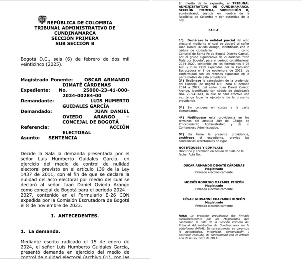 El Tribunal Administrativo de Cundinamarca anuló la elección de Juan Daniel Oviedo (@JDOviedoA) como concejal de Bogotá y, además, ordenó la cancelación de su credencial para el periodo 2024 – 2027 porque contrató con el Estado un año antes de ser elegido
